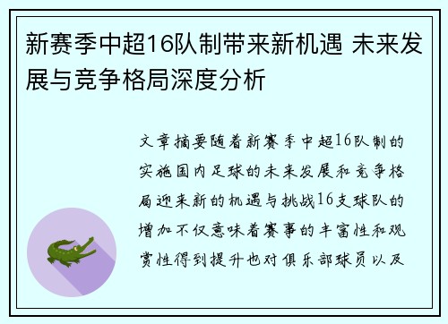 新赛季中超16队制带来新机遇 未来发展与竞争格局深度分析