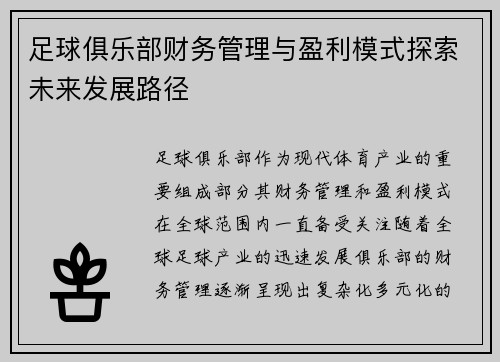 足球俱乐部财务管理与盈利模式探索未来发展路径