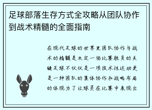 足球部落生存方式全攻略从团队协作到战术精髓的全面指南
